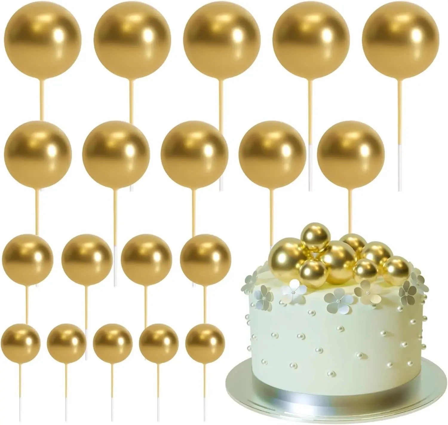 20-Piece Mini Balloon Cake Topper Decorations with Gold Ball Picks - Festive Cake Decor for Celebrations - Gold