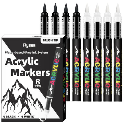 8pcs Black and White Acrylic Paint Markers Set, Large Ink Capacity, Acrylic Markers for Illustration Sketching, Wood, Glass, 