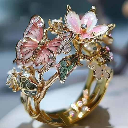 Aesthetic Flower Butterfly Rings for Female Romantic Rhinestone Stylish Non-fading Opening Ring Women Wedding Jewelry Party G