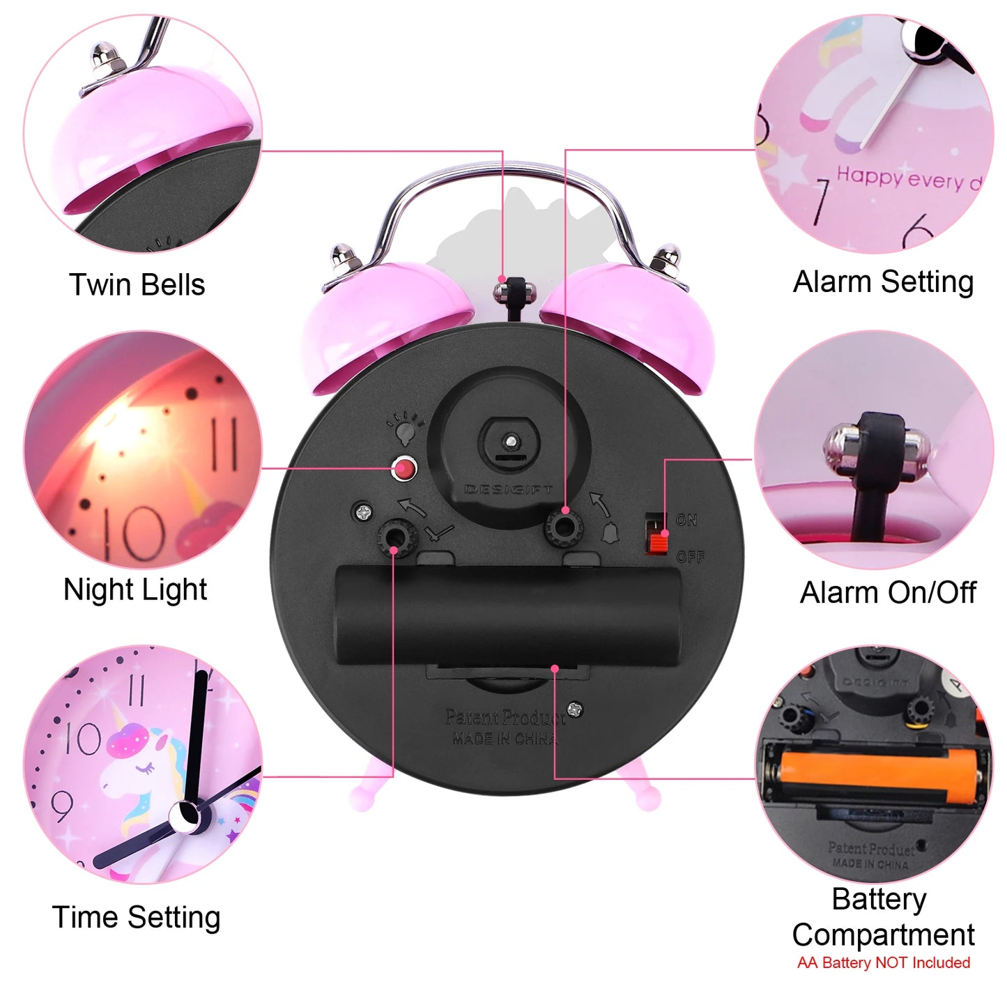 Pink Unicorn Kids Alarm Clock Double Bell Clock with Backlight Cute Desk Clock Home Decoration Будильник Kid Gifts Reveil Enf