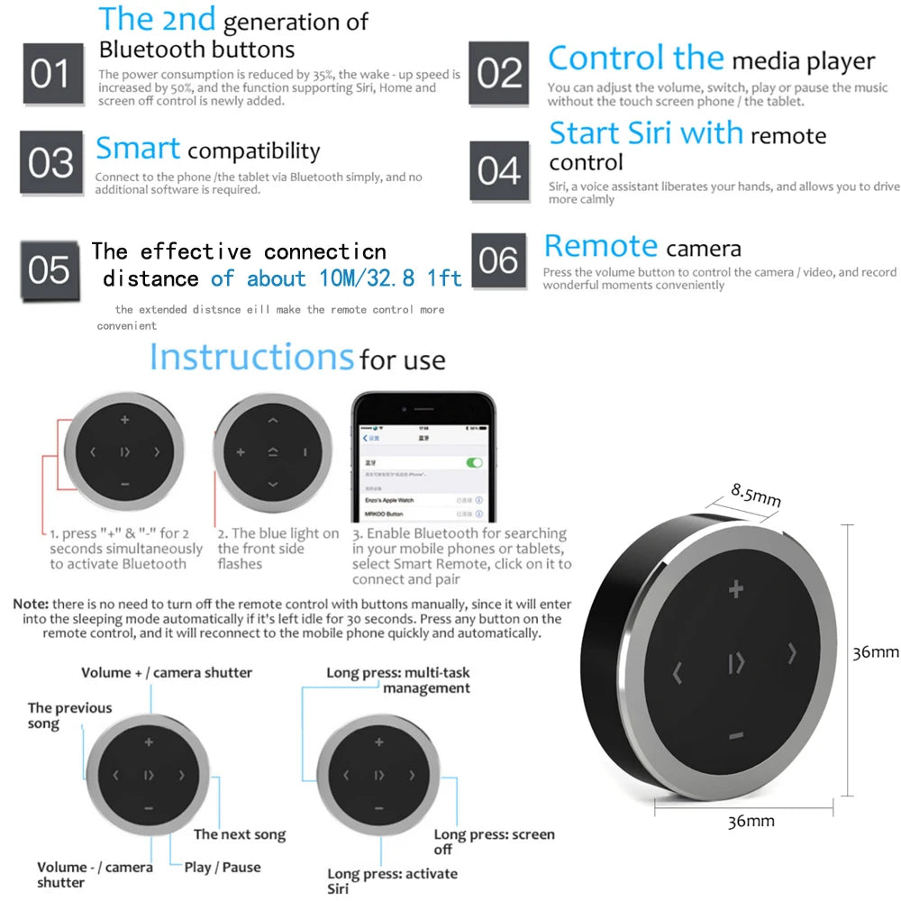 Mini Wireless Bluetooth-compatible Media Button Remote Controller Car