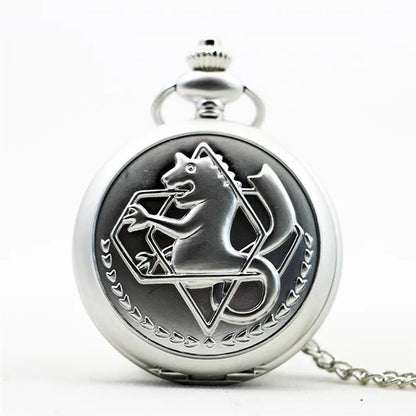 Antique Silver Fullmetal Alchemist Necklace Pendant Quartz Pocket Watch With Chain Gift - silver