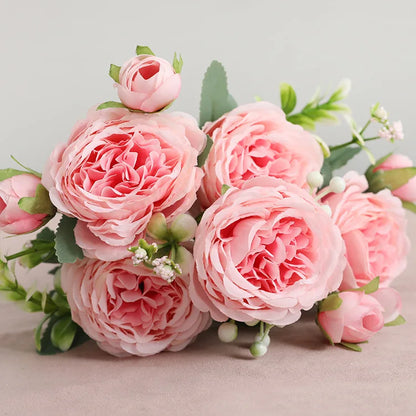 1pcs/30cm Rose Pink Silk Bouquet Peony Artificial Flower 5 Big Head 4 Small Bud Bride Wedding Home Decoration Artifi