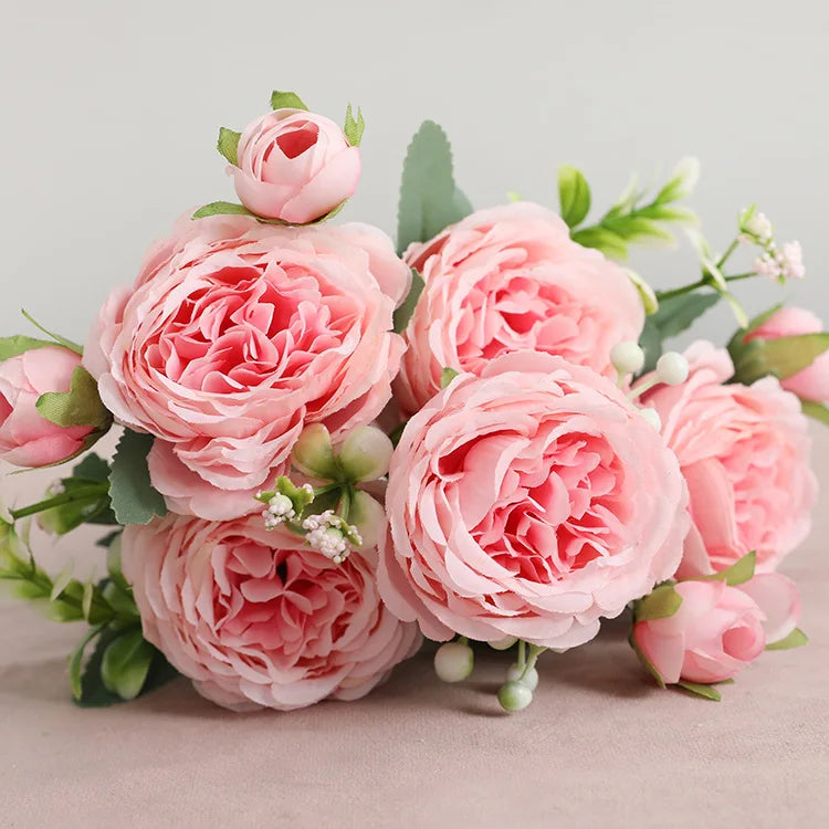 1pcs/30cm Rose Pink Silk Bouquet Peony Artificial Flower 5 Big Head 4 Small Bud Bride Wedding Home Decoration Artifi - 14