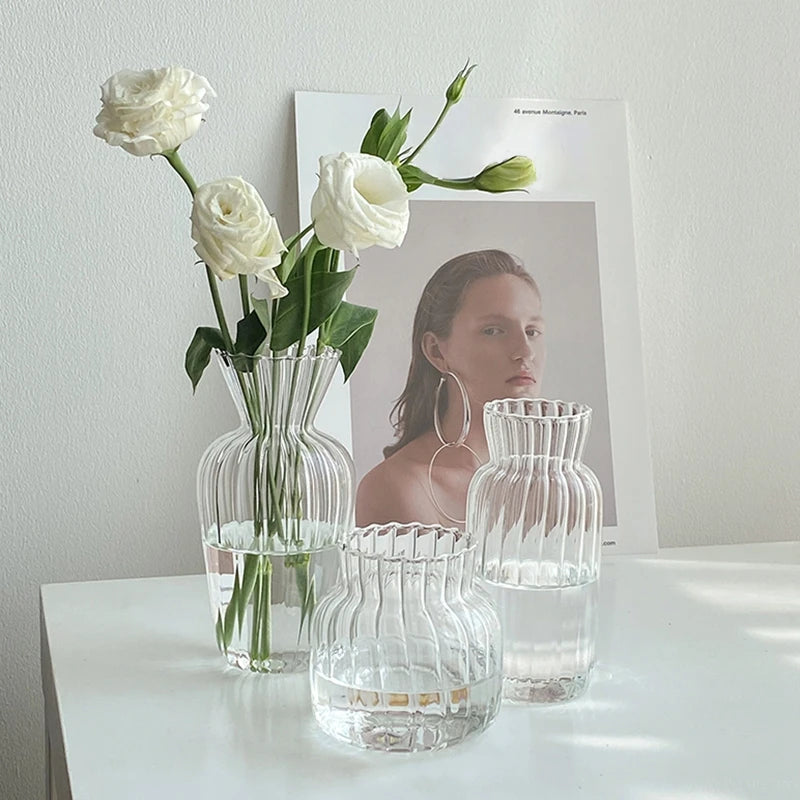 Transparent Glass Vases Hydroponic Plants Flower Arrangement Bottle Mini Retro Striped Vase Home Room Dinner Table Decor ﻿