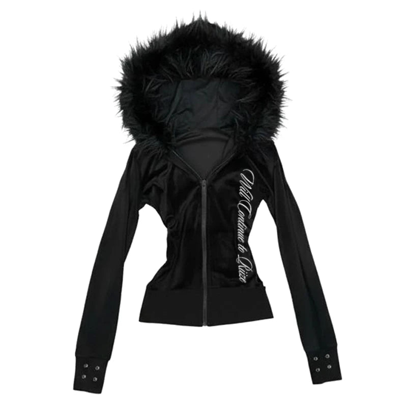 Goth Aesthetic Women Hoodie Harajuku Retro Y2K Emo Girl Fur Collar Cardigan Sweatshirt Rock Punk Hip Hop Casual Loose Streetw