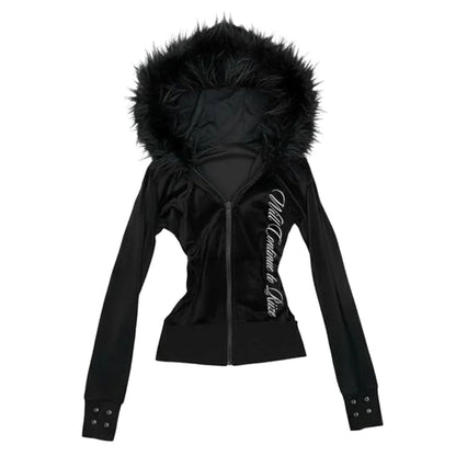 Goth Aesthetic Women Hoodie Harajuku Retro Y2K Emo Girl Fur Collar Cardigan Sweatshirt Rock Punk Hip Hop Casual Loose Streetw