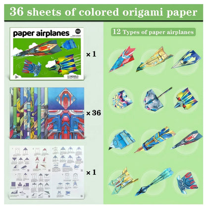 12 Styles Paper Airplane Kit Colorful Origami Paper Handmade Craft Plane Gift For Students Boys Girls - 36 sheets