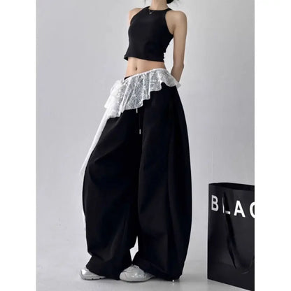 Embroidered Flower Lace Mini Skirt Irregular Y2K Streetwear Ruched Skirts High Waist See Through Lace Up Ruffles Skirt
