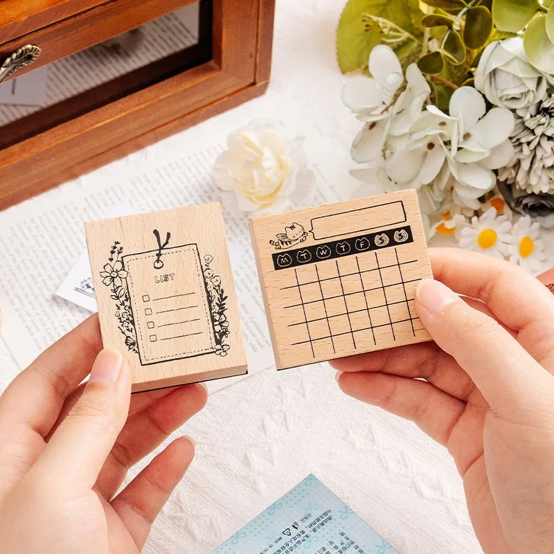 Cute Cat Daily Monthly Calendar Wood Stamp Journaling To Do List Memo Clock in Stamps for Scrapbooking Hobby DIY Craft Suppli