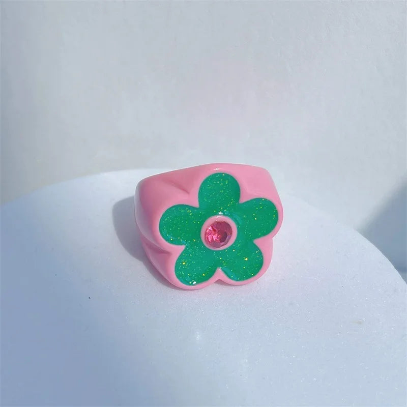 2022 New Sweet Multicolor Resin Oil Drip Ring for Women Geometric Oval Flowers Beads Rhinestones Ring Cute Jewelry HangZhi - 