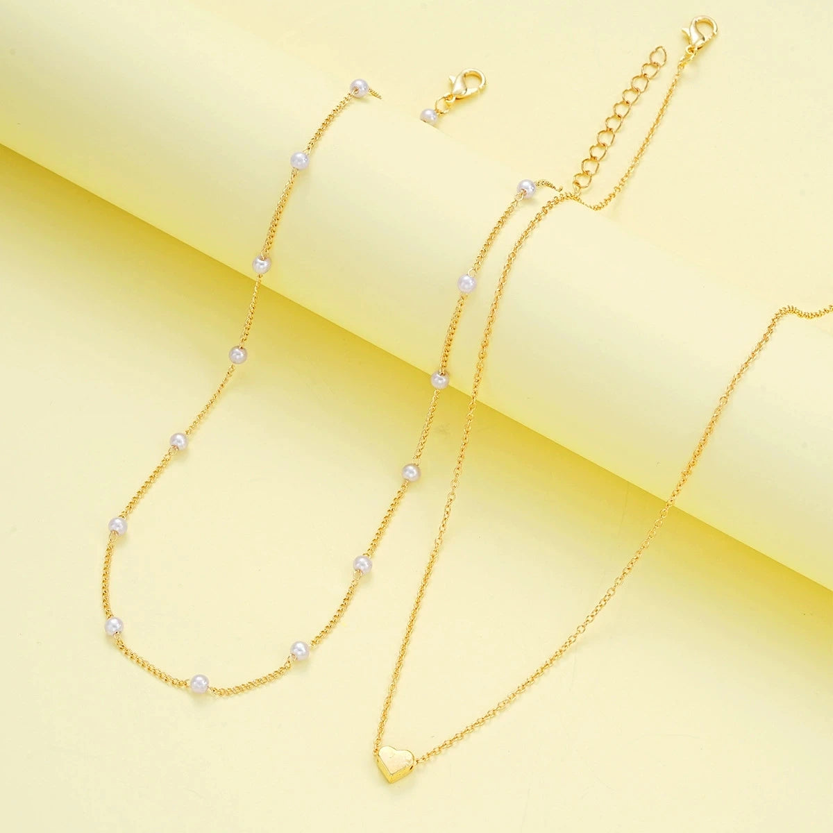 Fashion Imitation Pearl Heart Jewelry Set For Women Gold Silver Color Round Beads Necklace Bracelet Set Daily Wear Accessorie