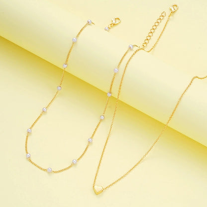 Fashion Imitation Pearl Heart Jewelry Set For Women Gold Silver Color Round Beads Necklace Bracelet Set Daily Wear Accessorie