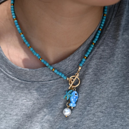 Bohemian Sea-Inspired Ceramic Fish & Starfish Pendant Necklace with 4mm Synthetic Turquoise Beads, Lightweight Beach Jewelry