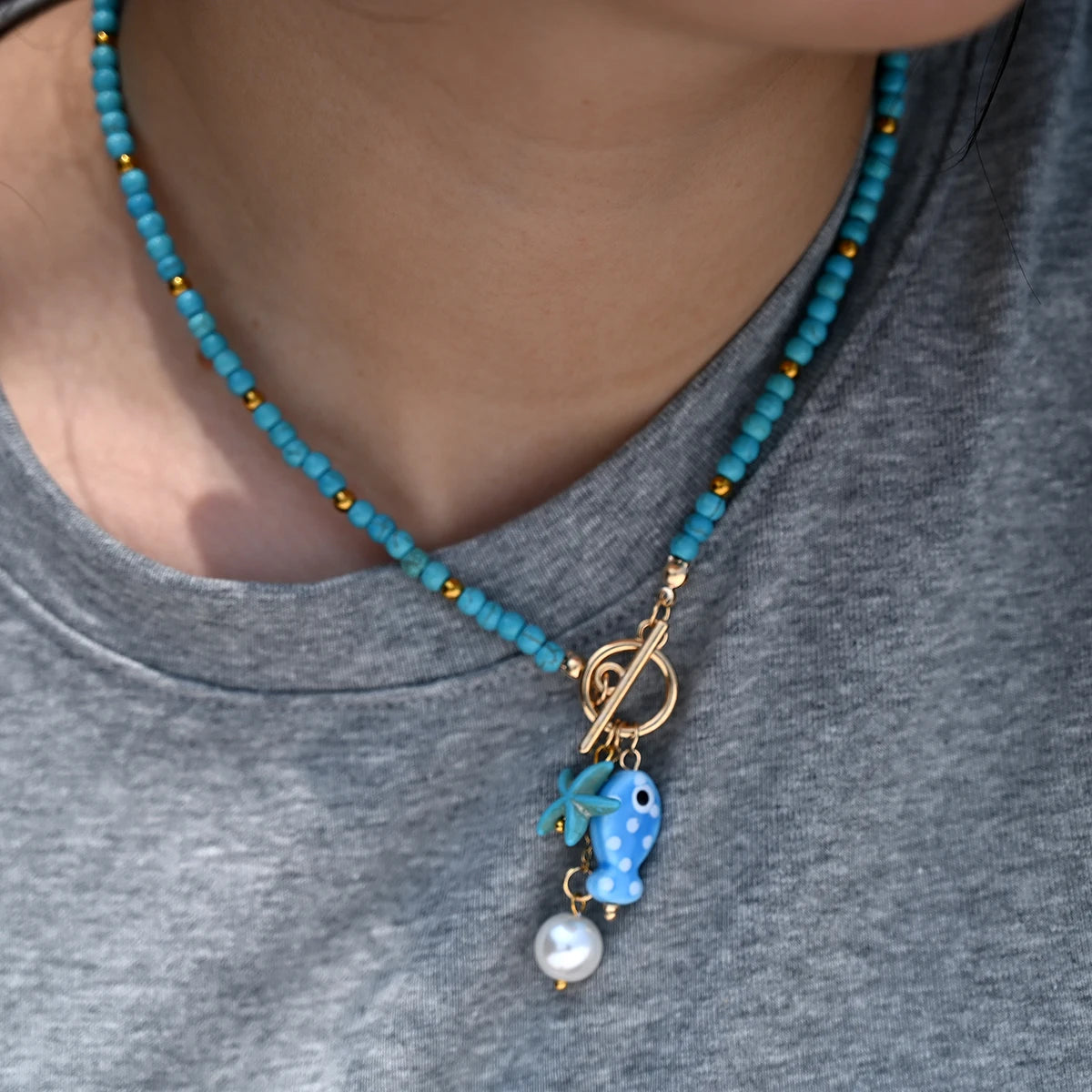 Bohemian Sea-Inspired Ceramic Fish & Starfish Pendant Necklace with 4mm Synthetic Turquoise Beads, Lightweight Beach Jewelry 