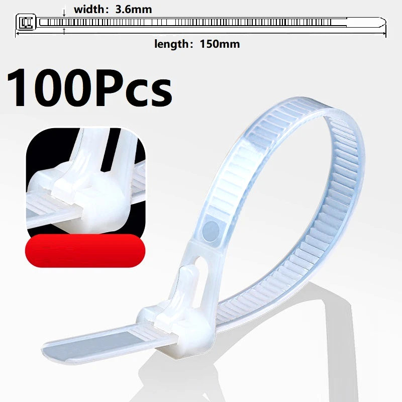 100 Reusable Cable Ties, Cable Lock Loop Nylon Ties Removable, Recyclable, Mixed Colours, Black, White - 100pcs white
