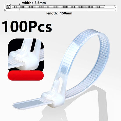 100 Reusable Cable Ties, Cable Lock Loop Nylon Ties Removable, Recyclable, Mixed Colours, Black, White - 100pcs white