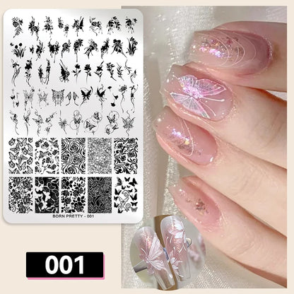 BORN PRETTY Classic Plaid French Nail Stamping Plates Easy Design Flower Leaves Nail Printing Stencil Floral Line Stamp Templ