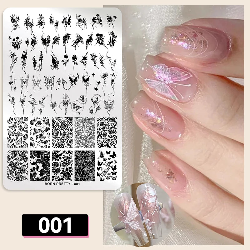 BORN PRETTY Classic Plaid French Nail Stamping Plates Easy Design Flower Leaves Nail Printing Stencil Floral Line Stamp Templ