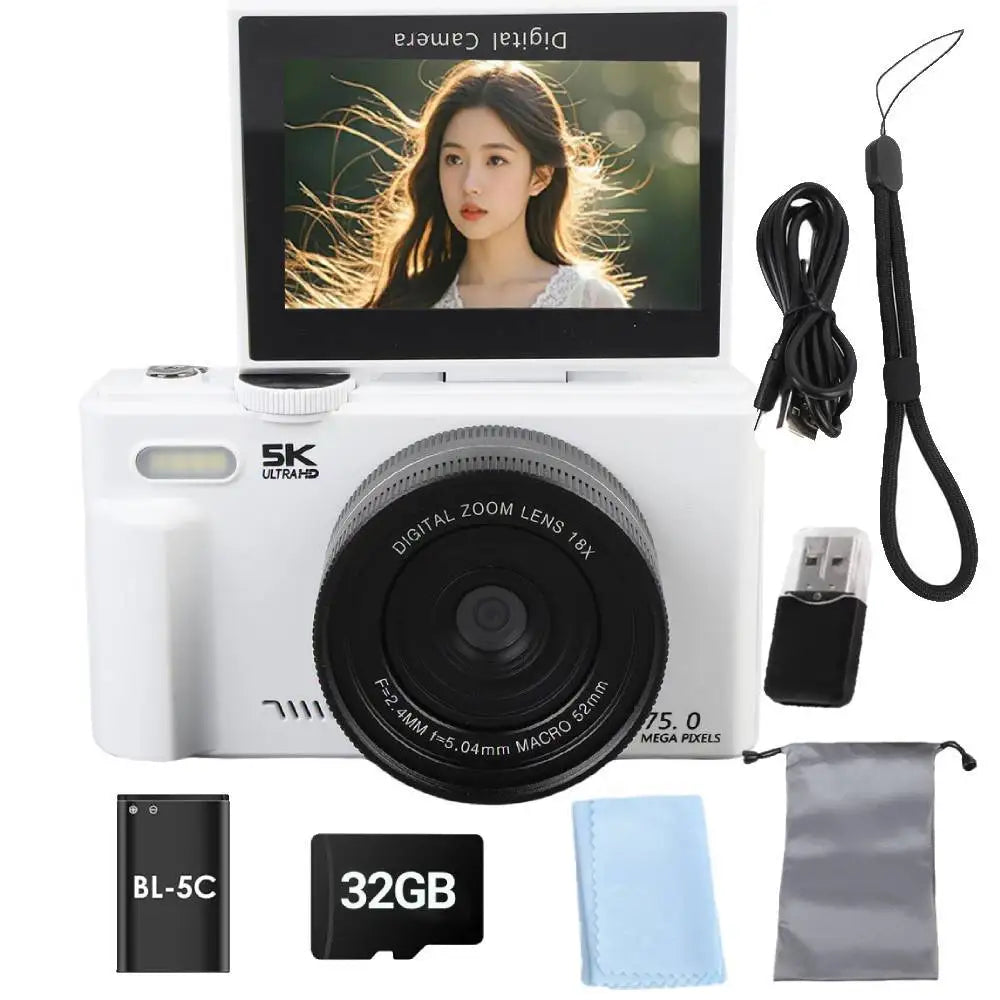 75MP Digital Camera for Photography 5K 18X Digital Zoom Vintage Vlog Video Recorder For YouTube 180° Flip Screen Selfile WiFi