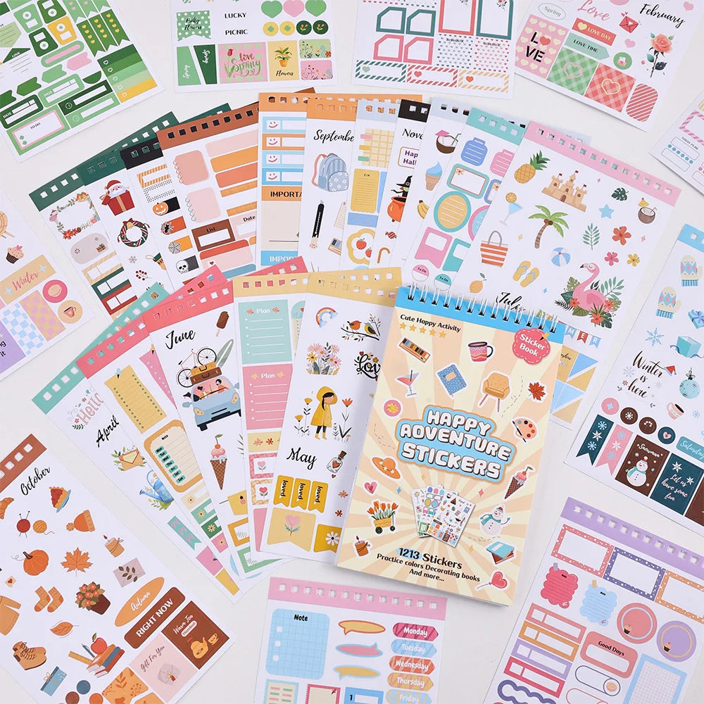 1213pcs Colorful Paper Label Sticker Book Daily Notes Marking Aesthetic Planning Coil Sticker Book Journal Scrapbooking Suppl