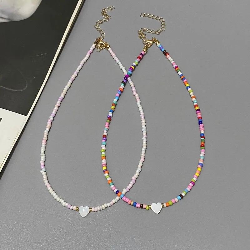 New Nature Shell Love Heart Choker Necklace for Girl Spring Summer Fashion Small Colorful Glass Beads Necklace Gift for Frien