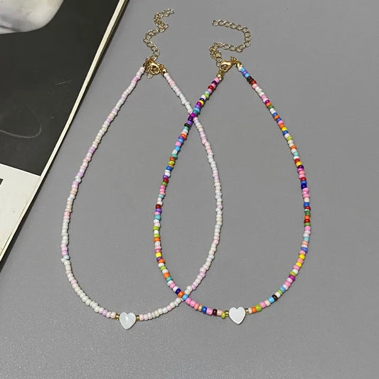 New Nature Shell Love Heart Choker Necklace for Girl Spring Summer Fashion Small Colorful Glass Beads Necklace Gift for Frien