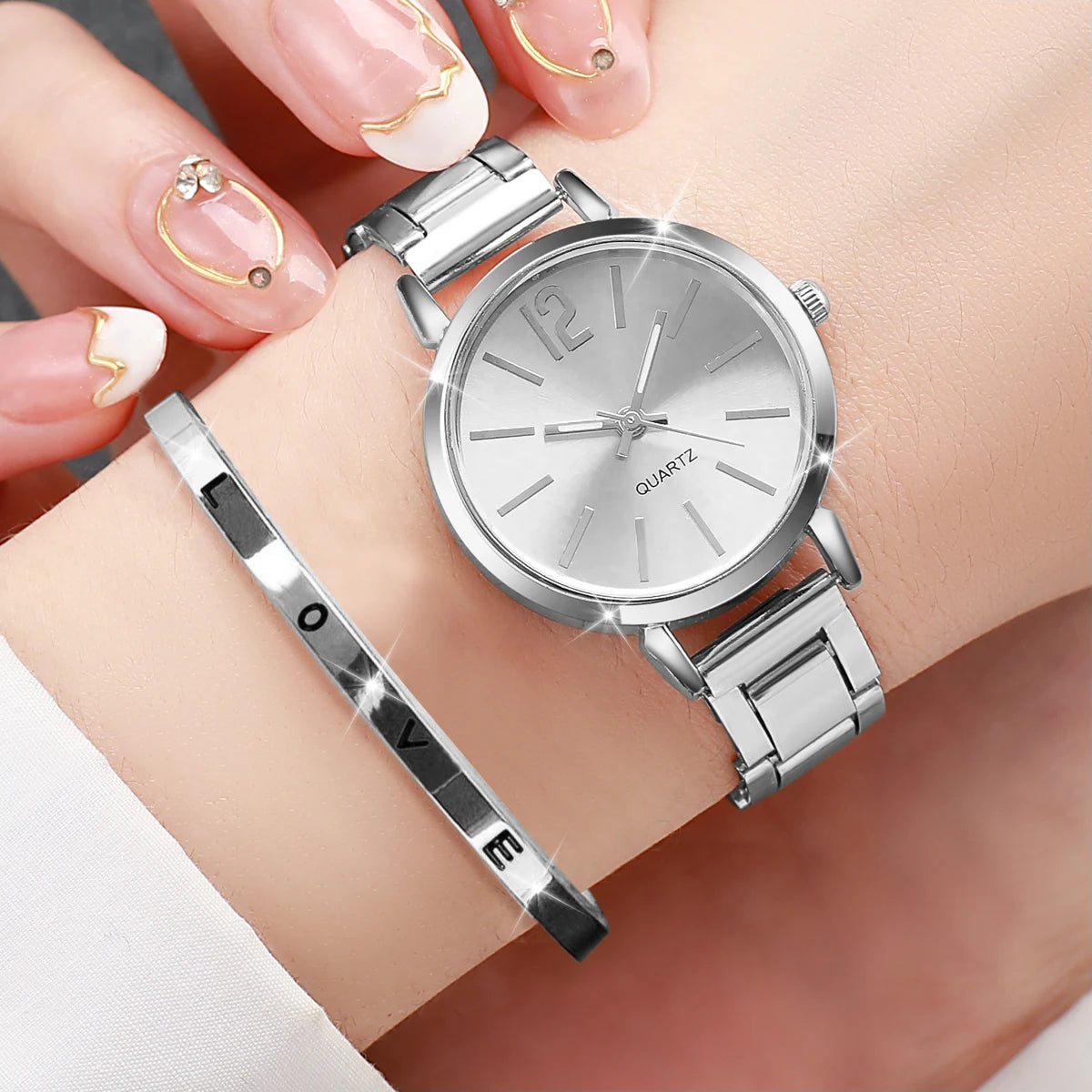 2PCS Women's Watch Fashion Gold Steel Band Quartz Wristwatch Opening Cuff Bracelet Set - Silver Set