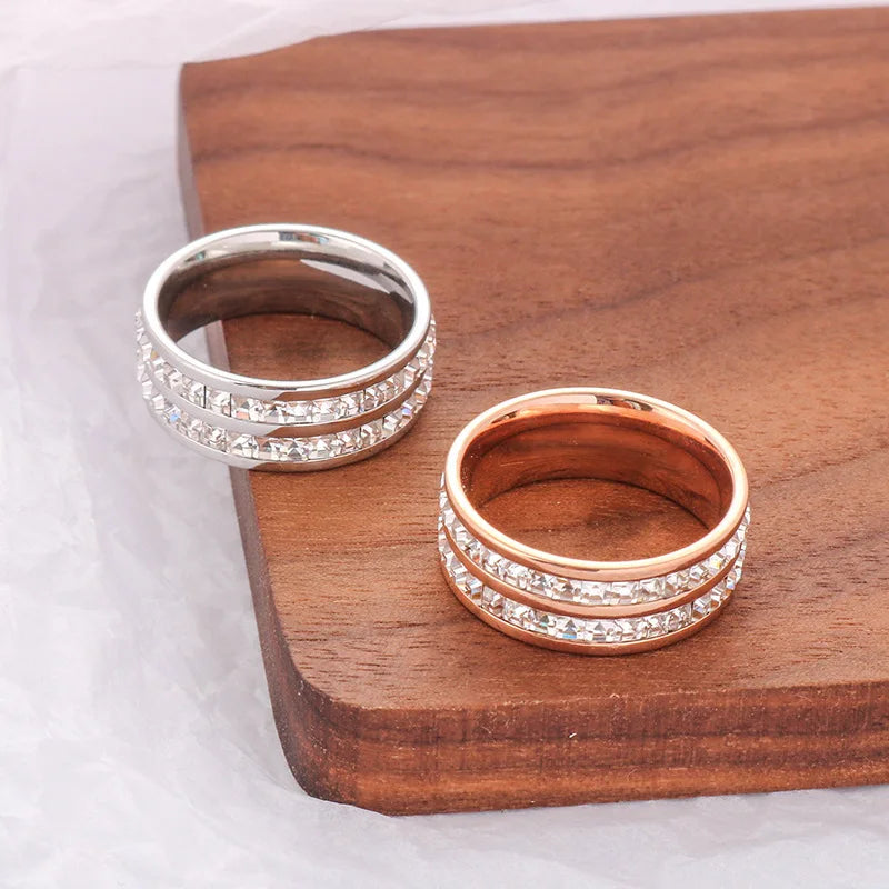 Clear White Stones Wedding Women Ring Stainless Steel 1 and 2 Rows Bling Zircon Fashion Pair Ring Female Jewelry