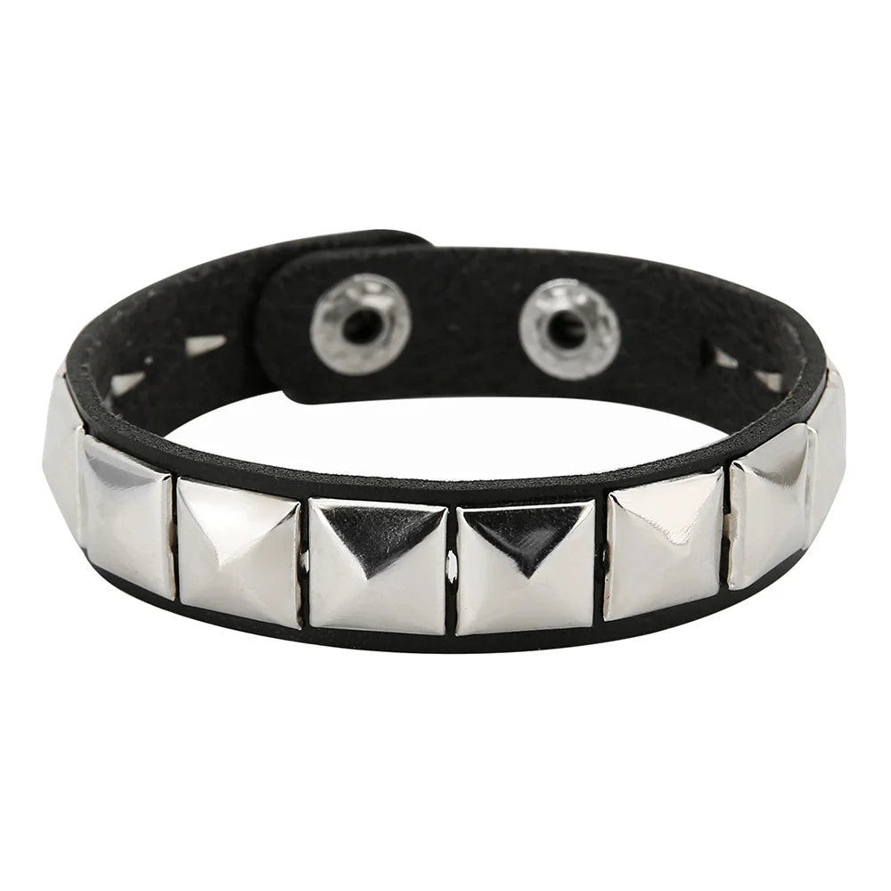 New One Row Punk Rock Studded Bracelet Square Spiked Leather Cuff Bracelet for Men Women \Wristband Bracelet - 2