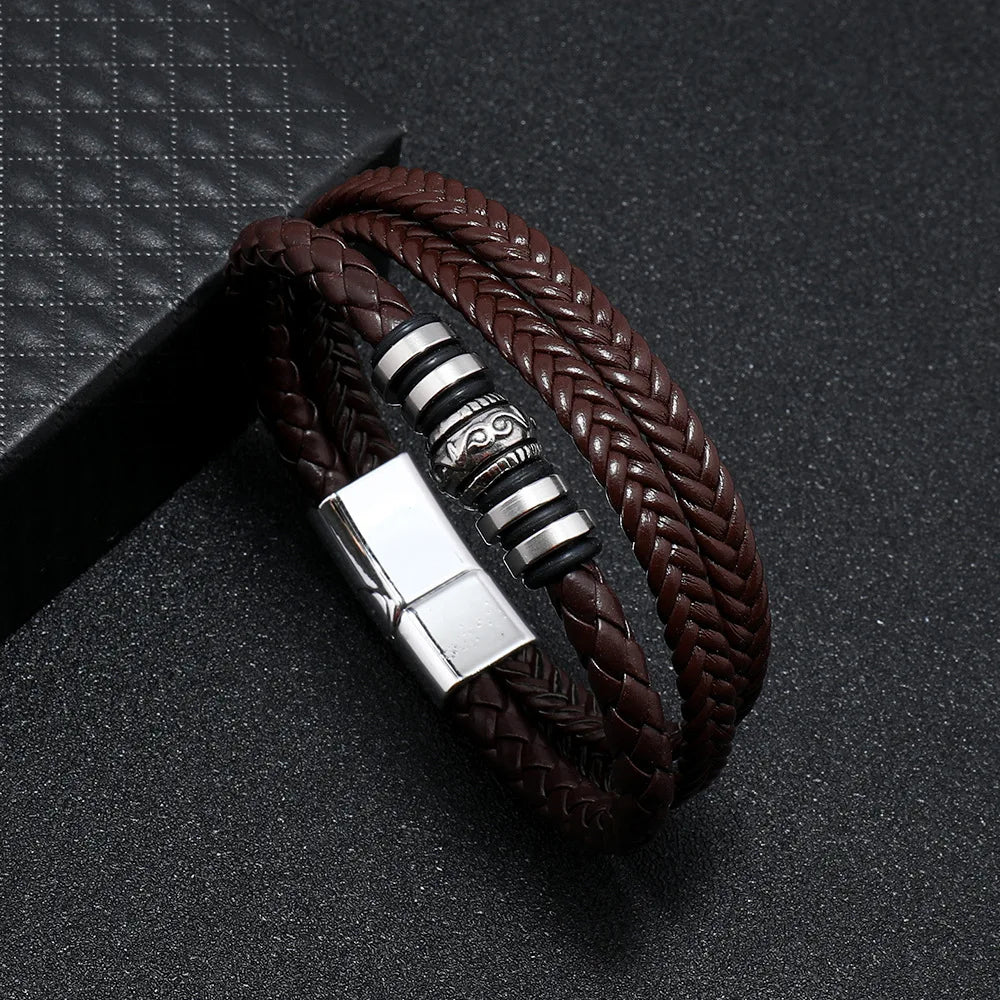 Trendy Leather Bracelets For Men Stainless Steel Bracelet 21CM Multilayer Braided Rope Bracelets for Male Jewelry Gifts - 22