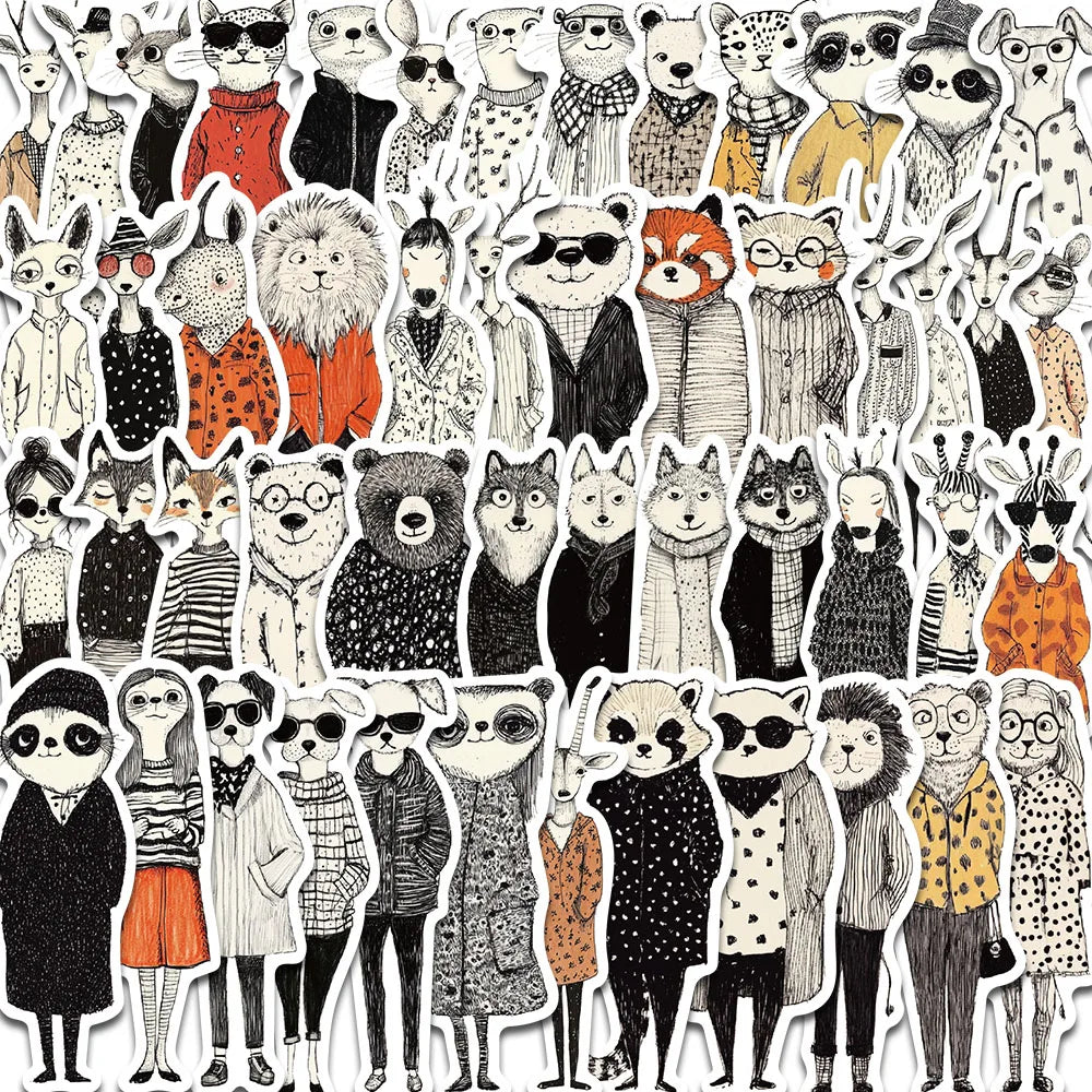 50PCS Retro Fashion Animal Clip Art Stickers Cartoon Landscape Gift Luggage Art Picture Cafe Laptop Skateboard Adhesive Stick