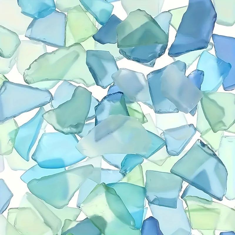 Craft decorations, sea colored glass shards, light frosted vase inlaid with glass, beach wedding party decorations, home deco