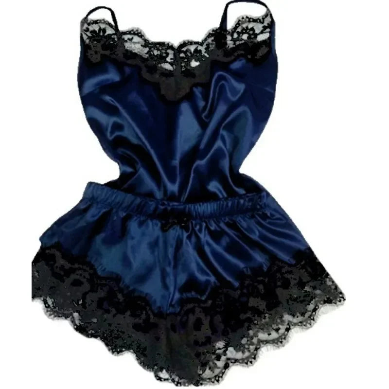 Lace Satin Pajama Set for Women Sleepwear V-Neck Stretch Sexy Lingerie Strap Vest Top Shorts Nightwear Pijamas - Deep Blue / 