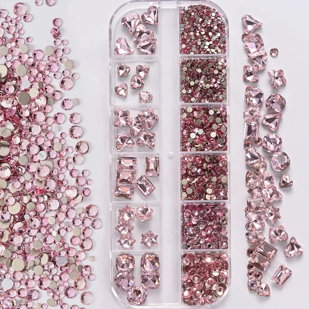 1Box 3D Clear Nail Art Rhinestones 12Shapes Mixed Oval,Butterfly,Heart,Flower,Round Diamond Nail Charms DIY Nail Art Decorati
