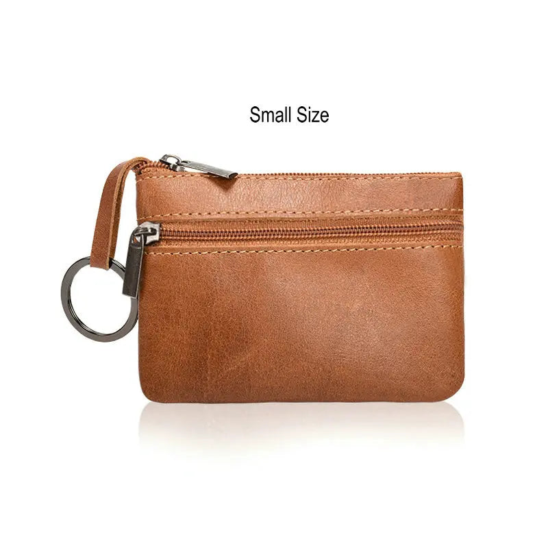 Retro Genuine Leather Coin Purse with Keychain for Men & Women Cowhide Zipper Coin Wallet Vintage Key Holder - small brown pu