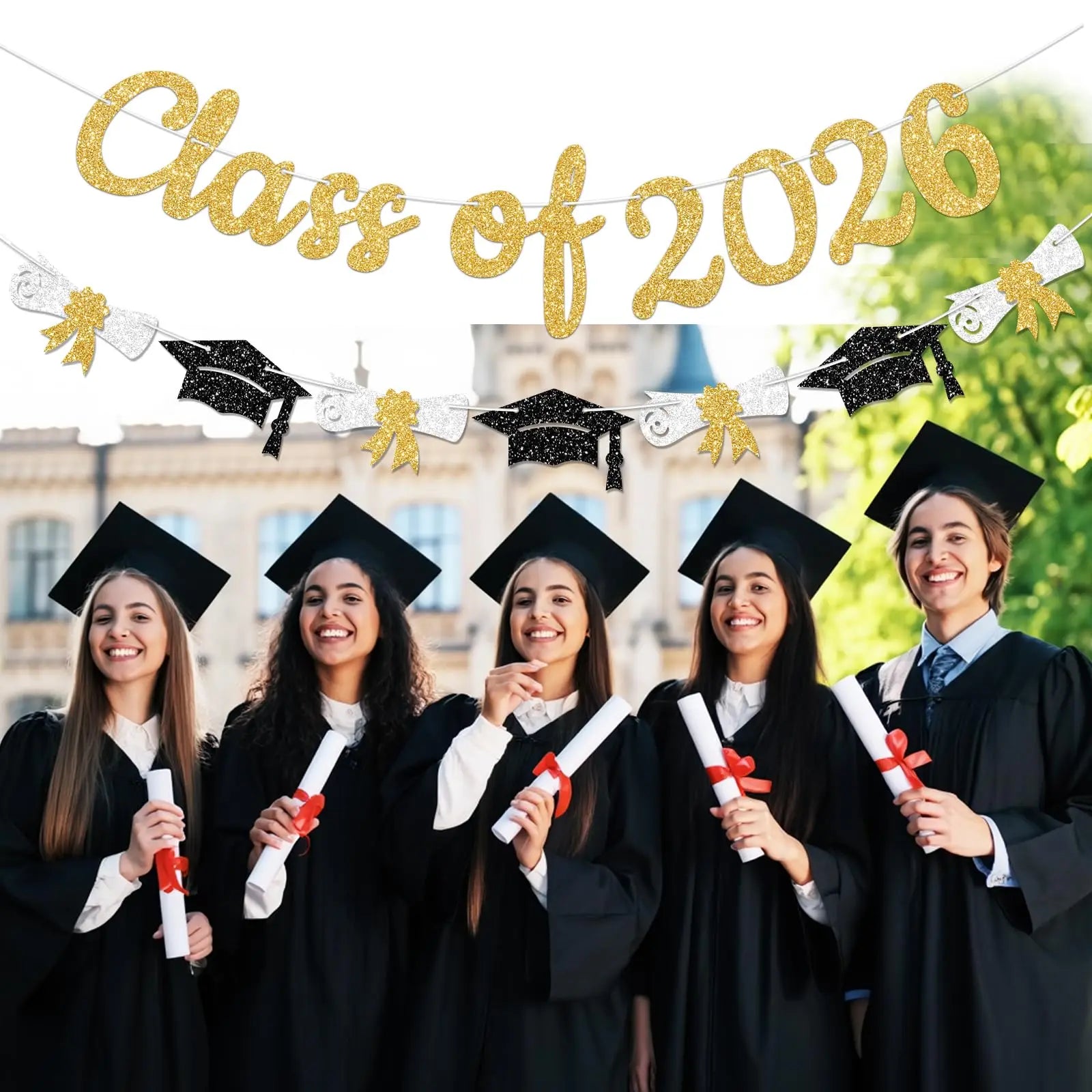 Glitter Gold/Blue/Purple/Red Class of 2026 Banner Graduation Sign with Grad Cap Garland for 2026 Graduation Party Decorations