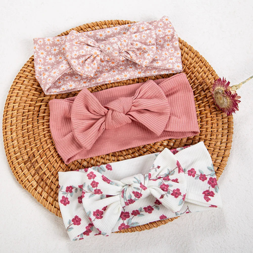 3Pcs/lot Ins Ribbed Baby Girls Headbands Floral Red Heart Dasiy Print Bows Elastic Hair Bands Toddler Vintage Hair Accessorie