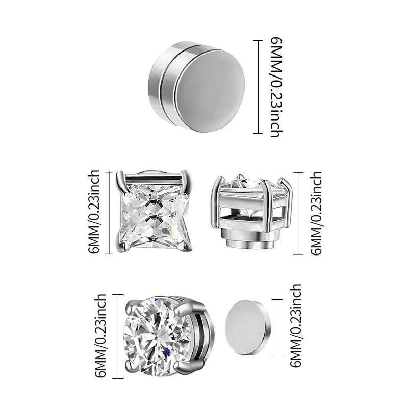 1/3Pairs 6MM Crystal Magnetic No-Pierce Stainless Steel Stud Earrings for Men Punk Zircon Magnet Earrings Non Piercing Jewelr