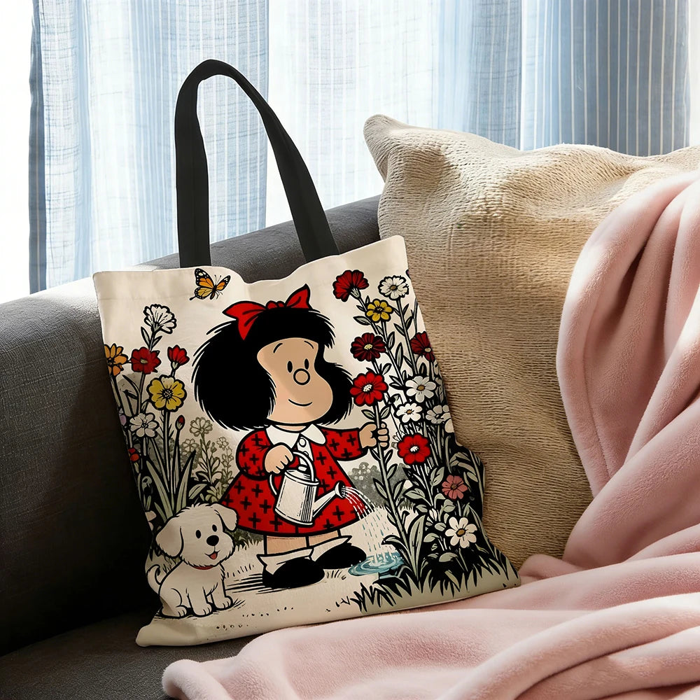 1pc Vintage Cartoon Girl and Puppy Gardening Tote Bag Featuring a cute watering scene, vibrant red accents and butterfly deta