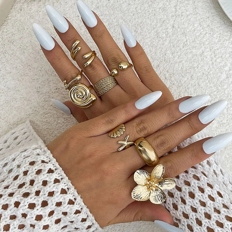 Bohemian Vintage Gold Color Open Joint Ring For Women Vacation Beach Style Flower Starfish Knuckle Rings Set Jewelry
