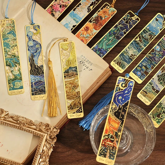 Vintage Oil Painting Metal Bookmarks - Hollow Hot Stamping Long Tassel Bookmarks - Stationery Gifts for Book Clubs, Book Love