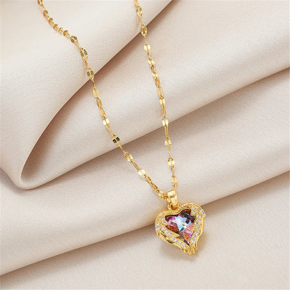 Top Luxury Colorful Crystal Ocean Heart Pendant Necklace For Women Trendy 316L Stainless Steel Jewelry Female Wedding Neck Ch