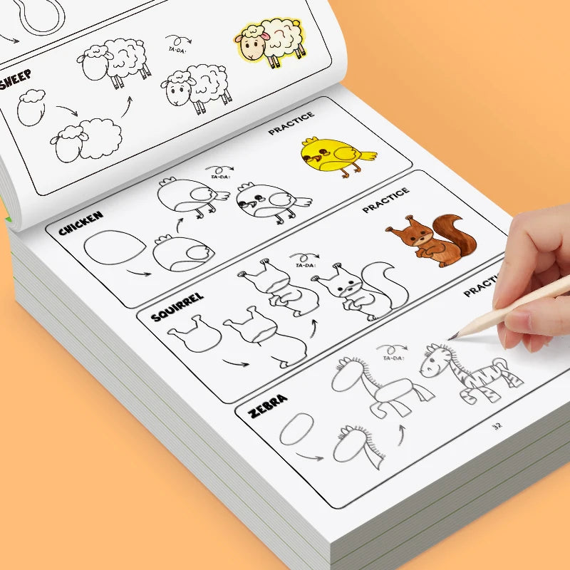 96 Animal Themes Interactive Activity Book on How To Draw Animals Four Simple Steps To Complete Drawing Coloring Toy Book