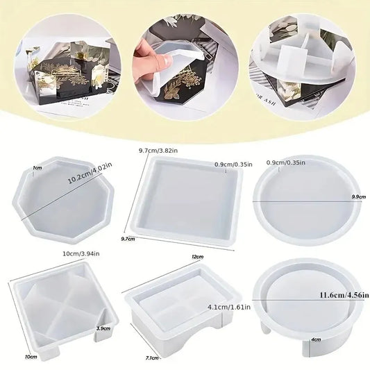 Coaster Resin Molds Set Include 1pc Coaster Storage Box Mold, 4Pcs Silicone Resin Coaster Mold for Epoxy Resin