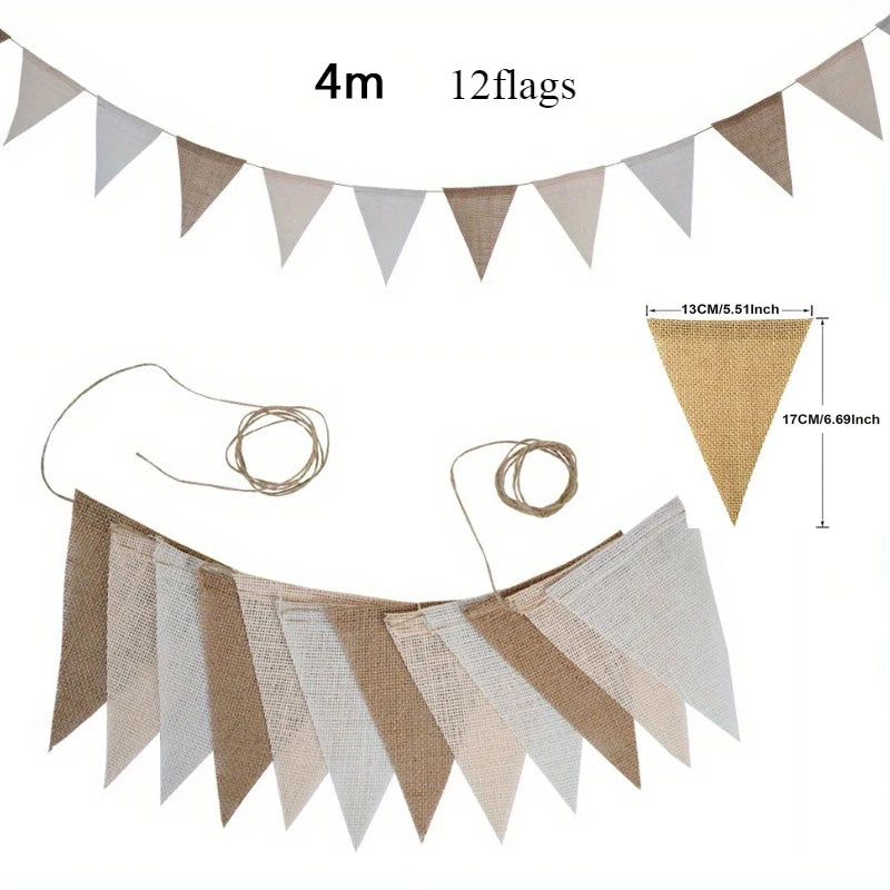 Multicolor Triangles Flags Burlap Linen Banner Pennant for Happy Birthday Party Wedding Decoration Candy Bar Hanging Flags - 