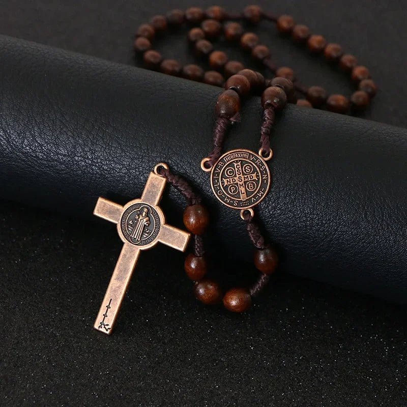 Christ Jesus Wooden Beads 8mm Rosary Bead Cross Car Pendant Woven Rope Chain Necklace Religious Orthodox Praying Jewelry
