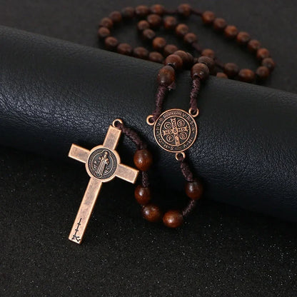 Christ Jesus Wooden Beads 8mm Rosary Bead Cross Car Pendant Woven Rope Chain Necklace Religious Orthodox Praying Jewelry