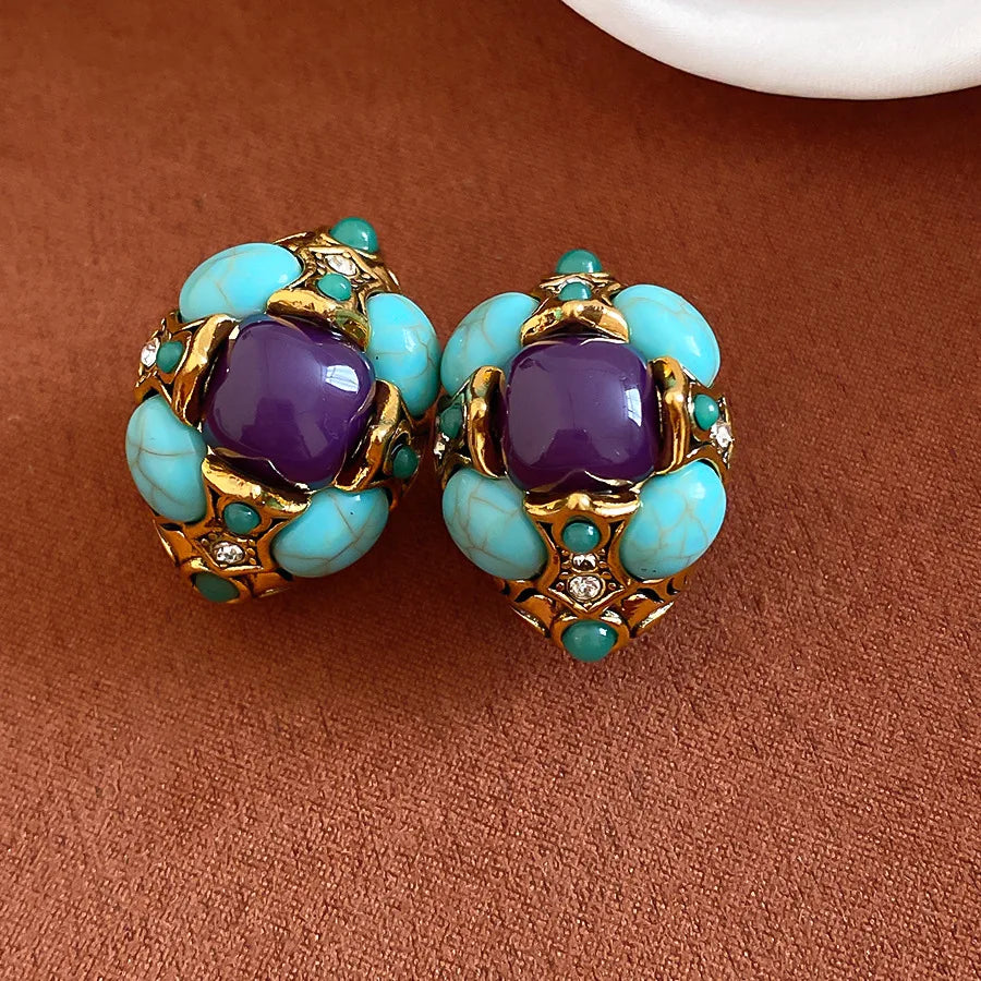 Vintage Resin Stone Crystal Stud Earrings Retro Luxury Temperament Ear Jewelry