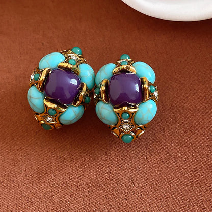 Vintage Resin Stone Crystal Stud Earrings Retro Luxury Temperament Ear Jewelry